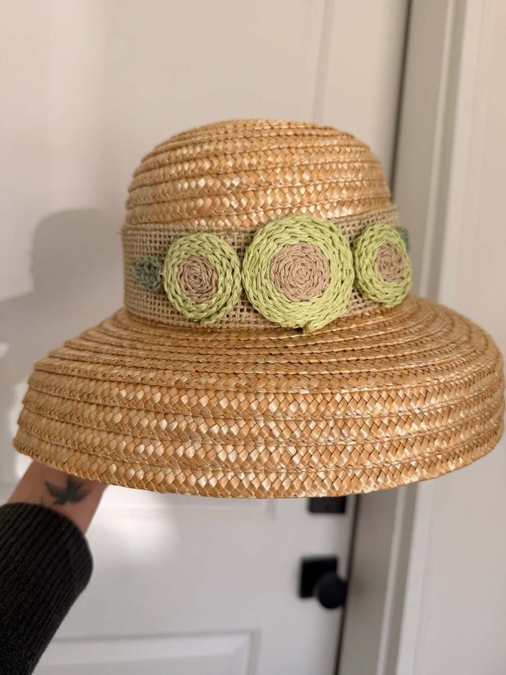 Dover Kidz Cute Rafia Straw Sun Hat Green Floral Accent Band Size MA